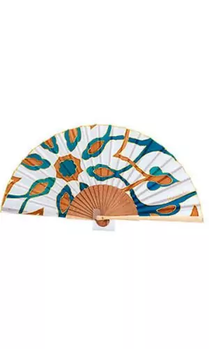 Abanico de seda Mosaico árabe tonos azules y tierra con fondo blanco de 23 cm.