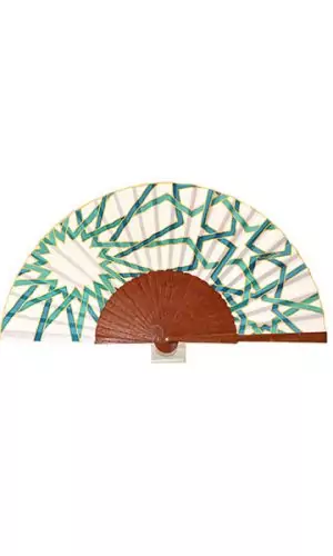 Abanico de seda Mosaico árabe tonos azules verdosos con fondo blanco de 23 cm.