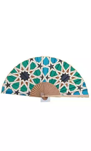 Abanico de seda Mosaico árabe en colores azul, verde, negro, teja y blanco de 23 cm.