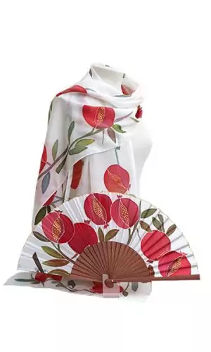Conjunto de fular de seda y abanico de seda de 27 cm. de granadas rojas con fondo blanco