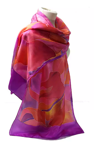 Conjunto de Fular de seda y abanico de seda de 23 cm. Hibiscos fucsias, naranjas, amarillos y morados - Imagen 3