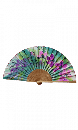 Abanico flores acuarela malvas y fondo turquesa y verde limón de 23 cm.