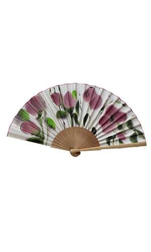 Abanico flores acuarela en tonos rosas oscuros con hojas verdes y fondo blanco de 23 cm.